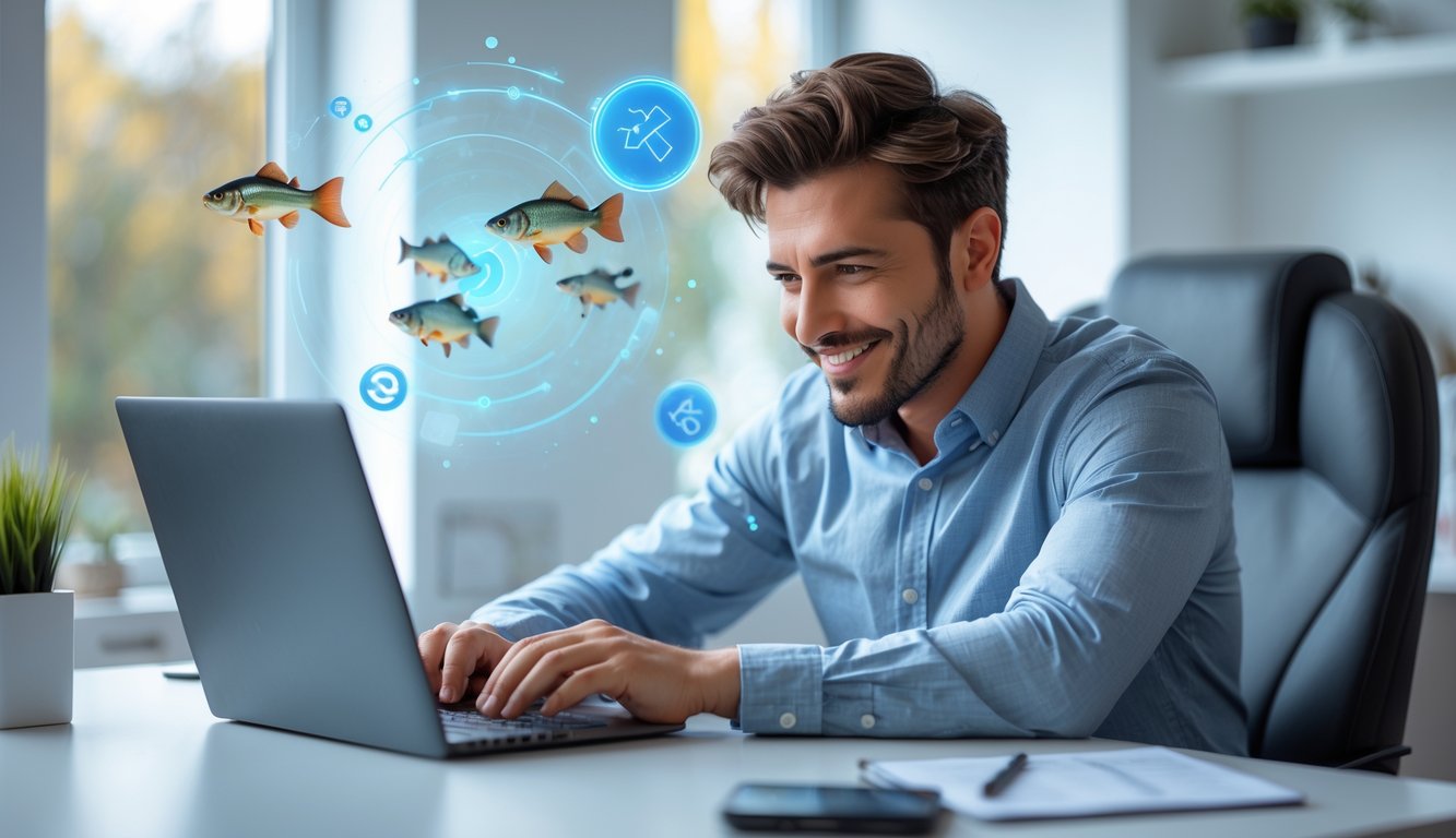 Seorang pria muda duduk di meja dengan laptop di ruang kerja rumah yang terang dan rapi, tampak fokus dan puas.