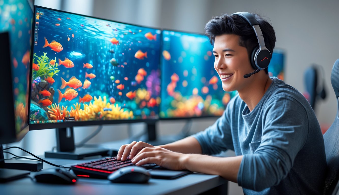 Seorang dewasa muda sedang bermain game tembak ikan online di komputer dengan layar penuh warna ikan dan efek tembakan.
