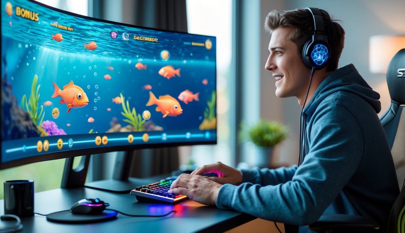 Seorang pria muda fokus bermain game tembak ikan online di depan komputer di ruang kerja modern.
