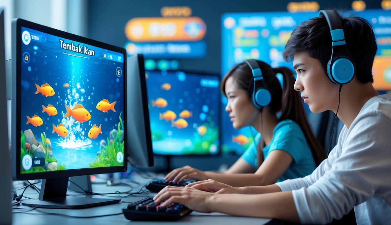 Dua pemain muda sedang fokus bermain game tembak ikan online di depan komputer dengan latar belakang grafis ikan berwarna-warni dan elemen permainan yang dinamis.