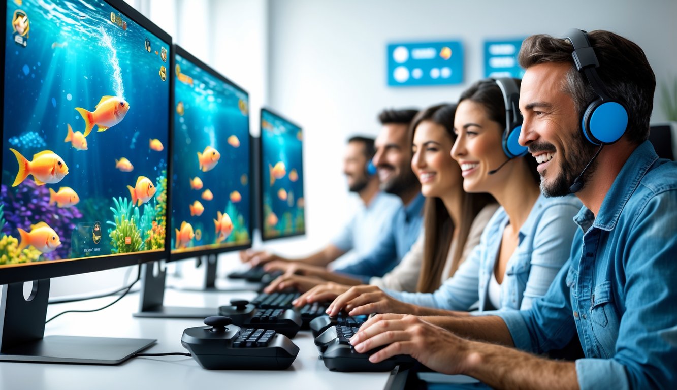 Beberapa orang dewasa bermain permainan tembak ikan online di depan komputer dengan layar penuh warna ikan dan efek tembakan.