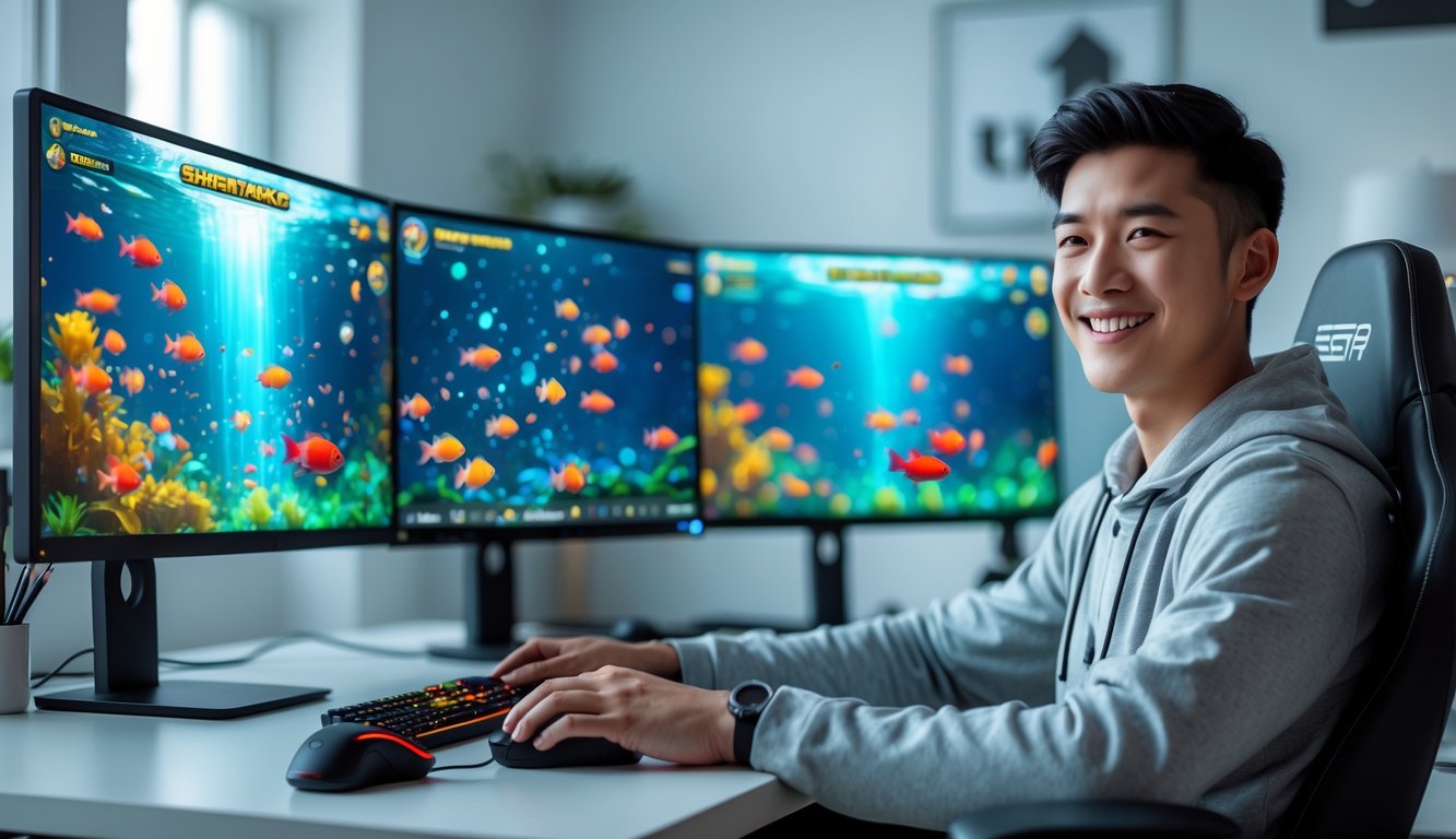 Seorang pria muda sedang bermain game tembak ikan online di komputer dengan layar penuh warna ikan dan efek permainan, di ruangan yang rapi dan terang.