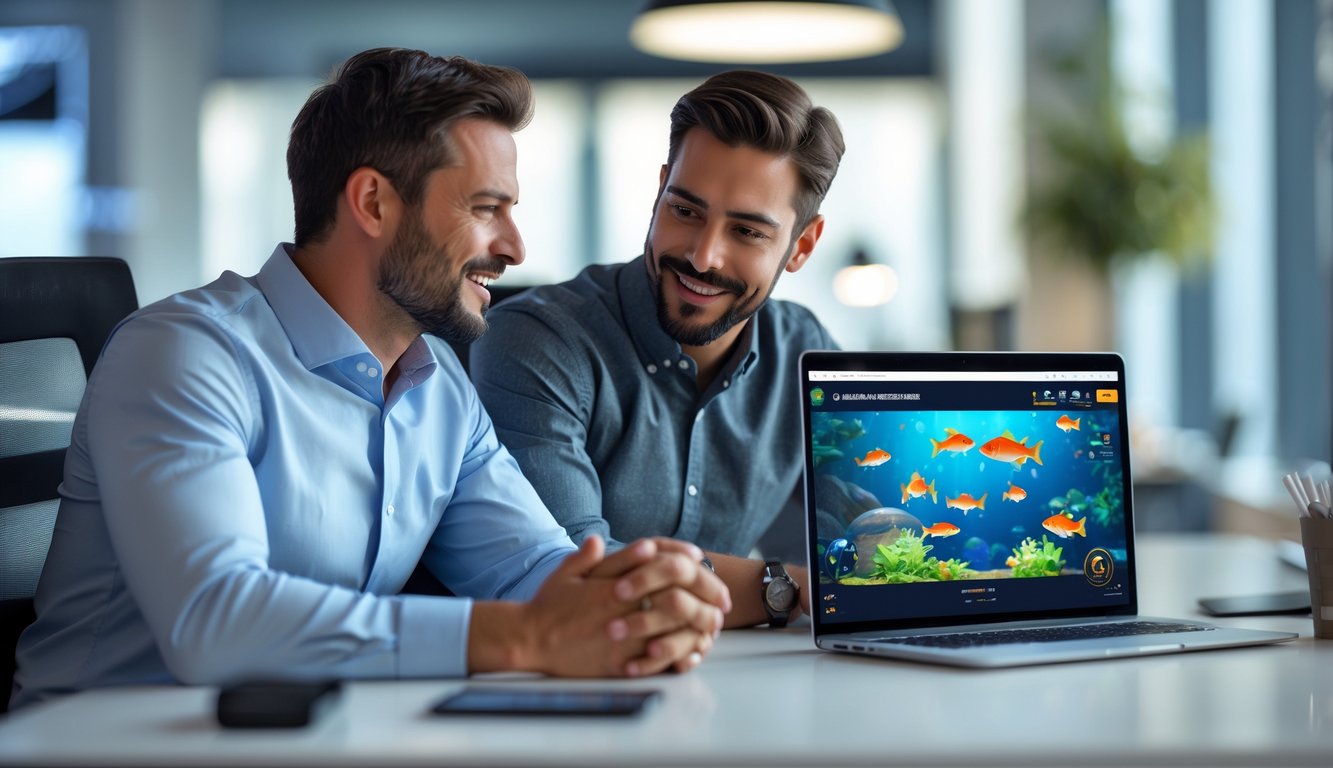 Dua pria sedang berdiskusi di kantor modern dengan laptop yang menampilkan permainan tembak ikan online.