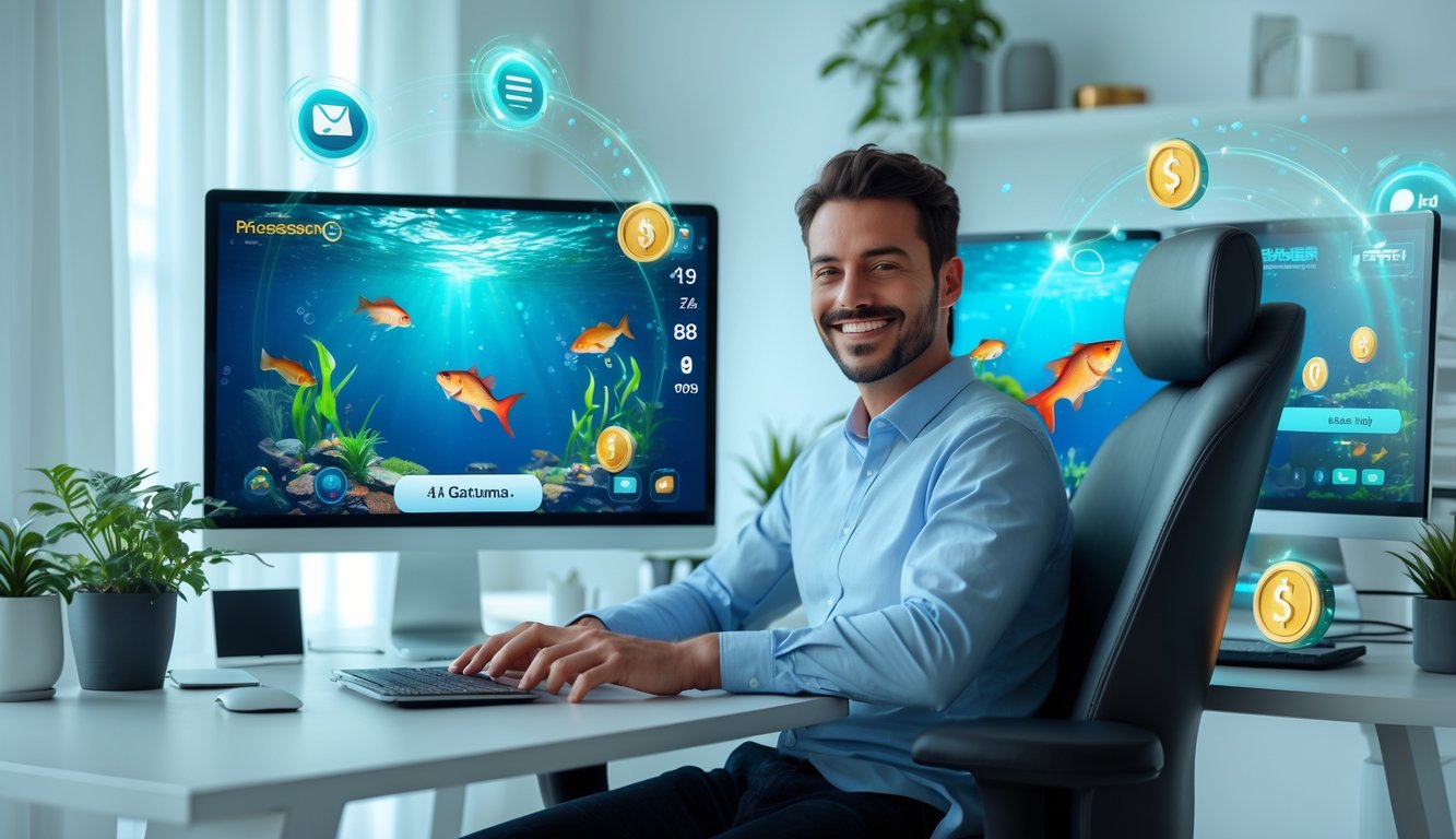 Seorang pemain judi online yang percaya diri duduk di depan komputer dengan layar menampilkan permainan tembak ikan, terlihat puas dan aman.