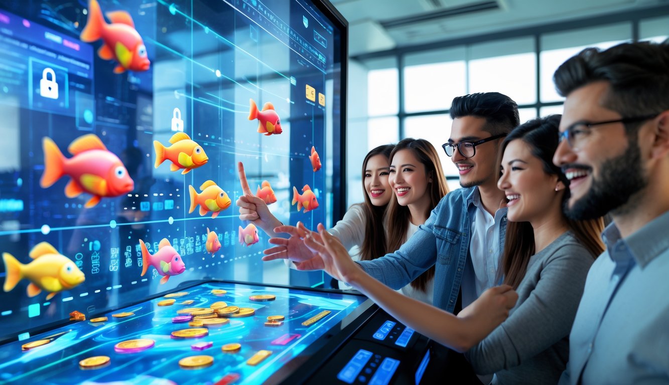 Sekelompok orang muda sedang menggunakan layar sentuh besar dengan animasi ikan berwarna-warni di latar belakang, menunjukkan suasana permainan judi tembak ikan online yang cepat dan terpercaya.