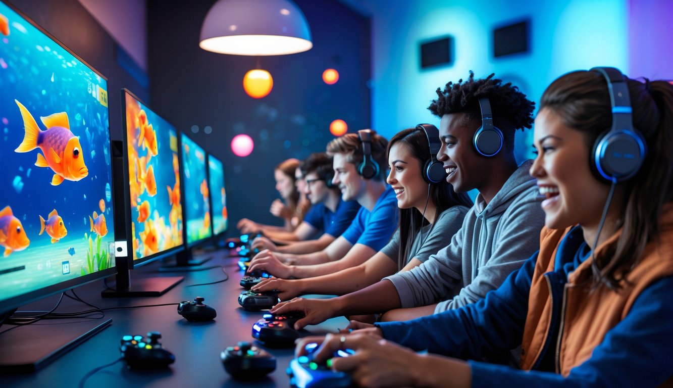 Sekelompok orang muda sedang bermain game tembak ikan online di ruang bermain modern dengan layar komputer dan suasana cerah.