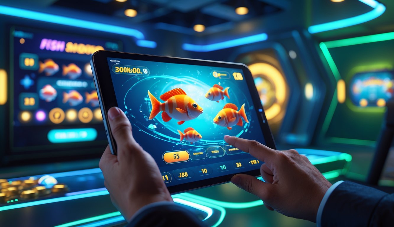 Seseorang menggunakan perangkat layar sentuh dengan tampilan permainan ikan yang berwarna-warni di latar belakang ruangan gelap dengan pencahayaan biru dan hijau.