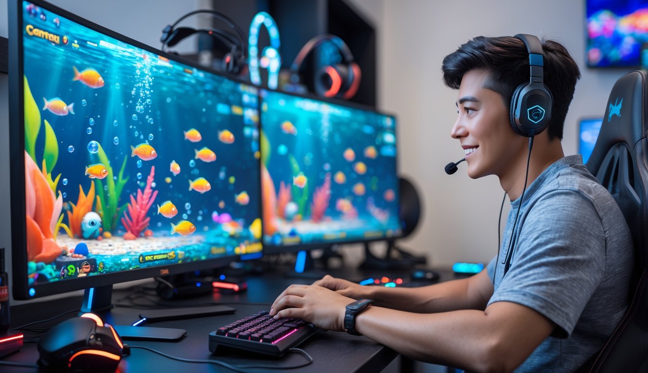 Seorang dewasa muda sedang bermain permainan tembak ikan di komputer dengan latar ruang bermain yang rapi dan pencahayaan yang baik.