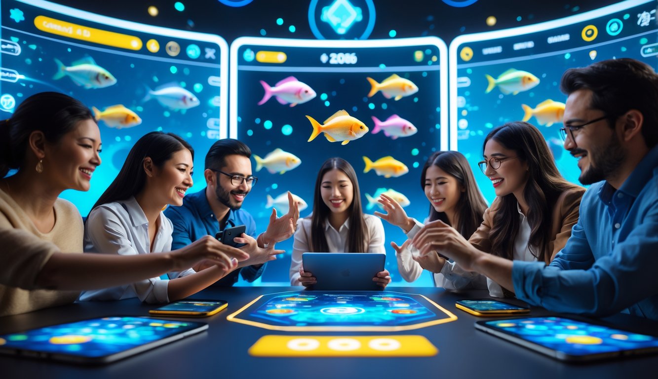 Orang-orang menggunakan perangkat digital untuk bermain permainan tembak ikan online dengan latar belakang grafis ikan berwarna-warni dan elemen futuristik.