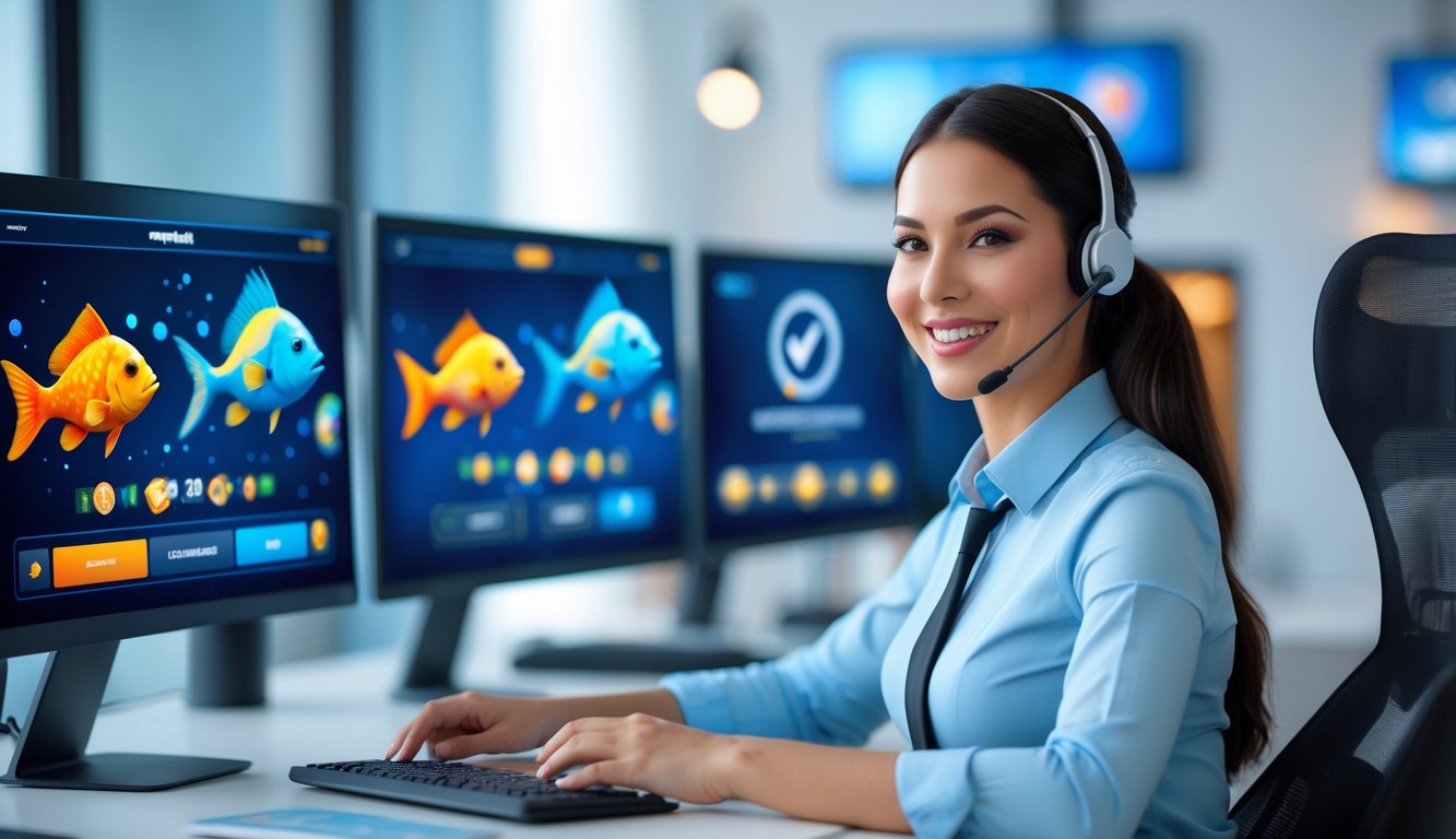 Seorang agen layanan pelanggan yang ramah sedang bekerja di depan beberapa layar komputer dengan permainan tembak ikan online, di lingkungan kantor digital yang modern dan terang.