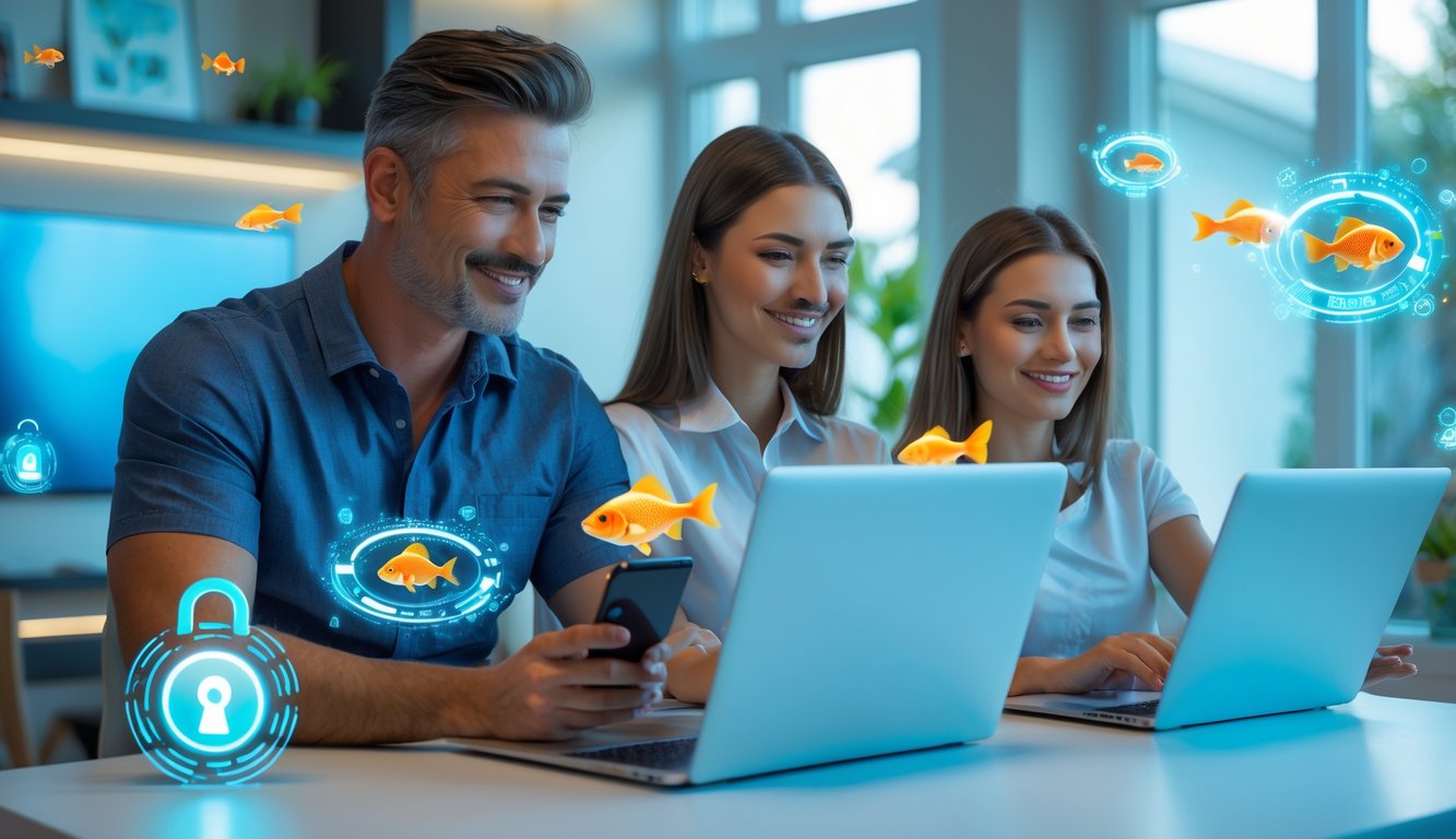 Dua orang dewasa bermain game online tembak ikan di rumah dengan suasana aman dan nyaman.