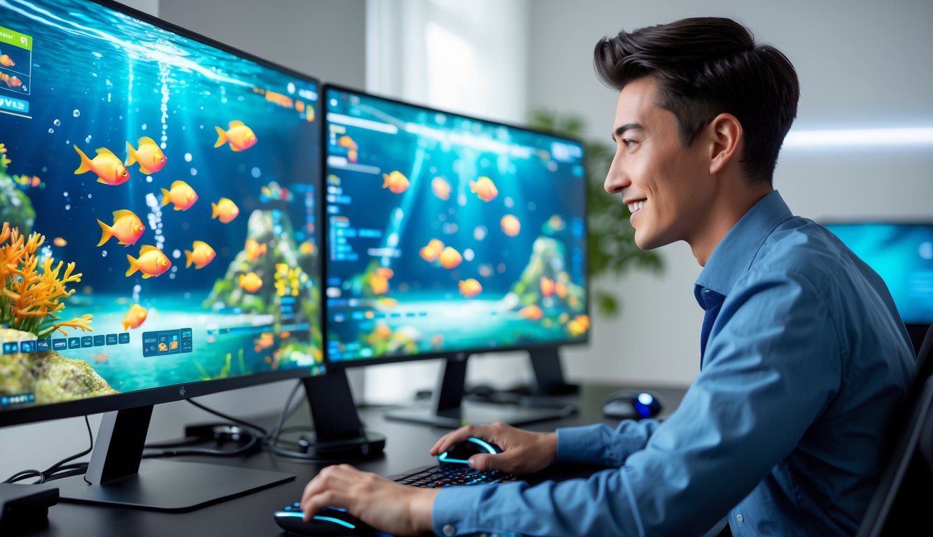 Seorang dewasa muda sedang bermain permainan tembak ikan online di komputer dengan tampilan layar penuh warna ikan dan suasana ruang kerja yang rapi.