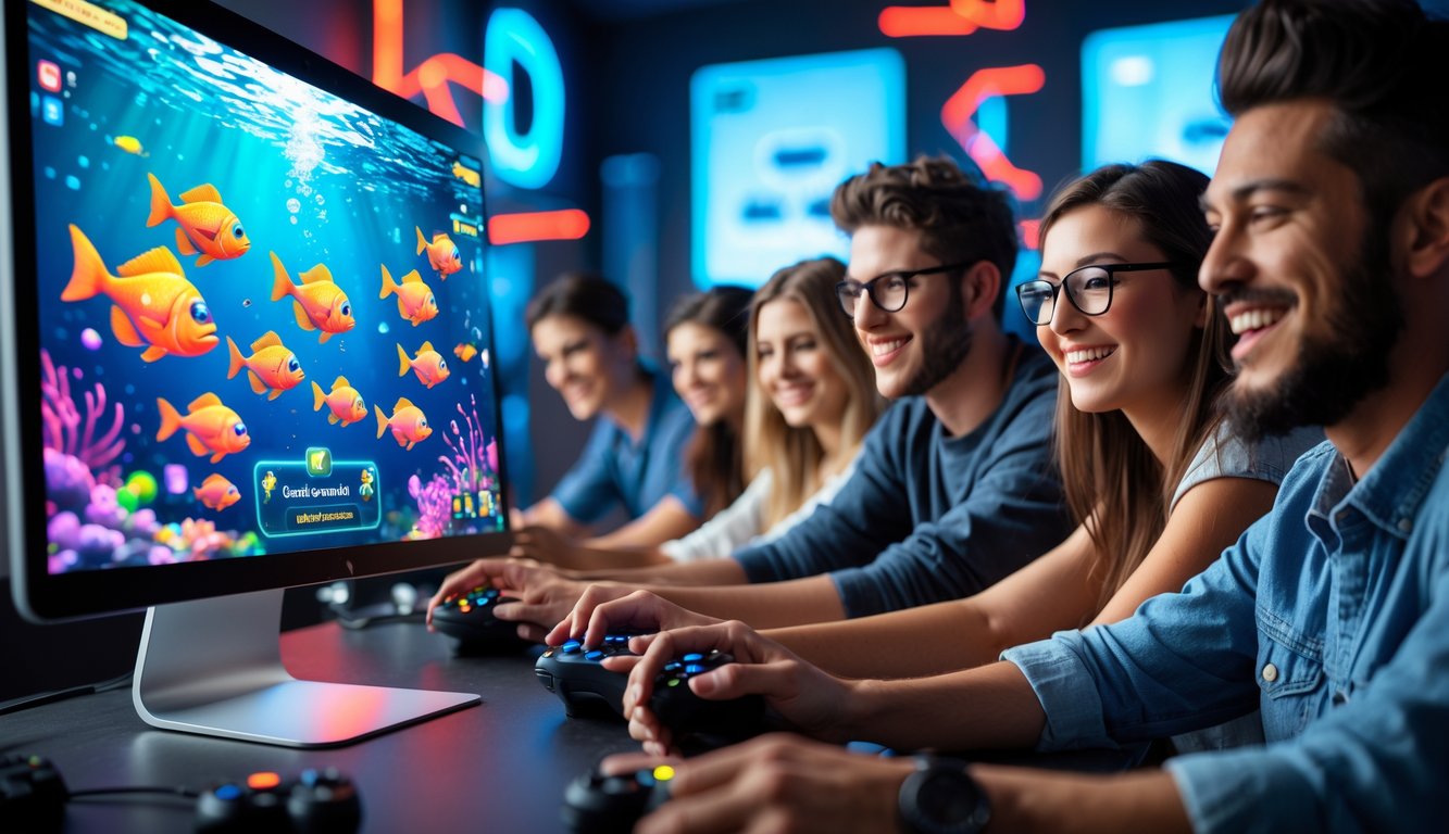 Beberapa orang muda sedang bermain game tembak ikan online dengan layar komputer yang menampilkan ikan berwarna-warni di bawah air.
