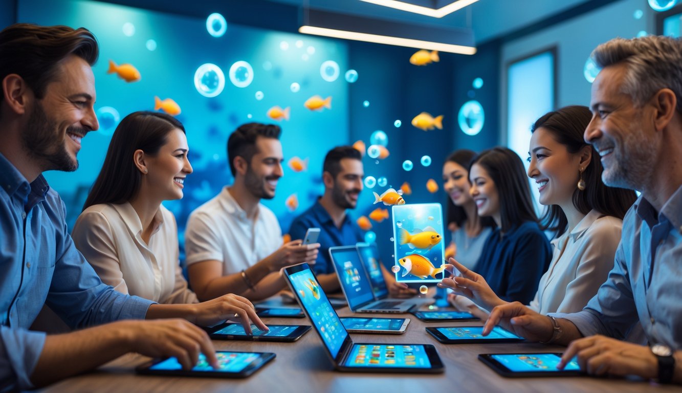 Sekelompok orang dewasa bermain permainan judi tembak ikan secara online menggunakan perangkat digital di ruangan modern dengan dekorasi bertema bawah laut.