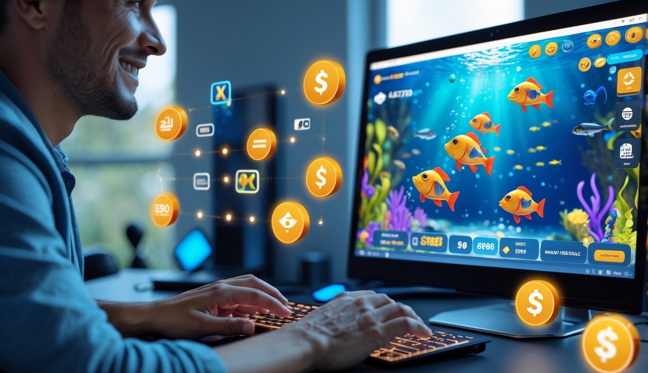 Seorang pemain dewasa tersenyum sambil bermain game tembak ikan di komputer di ruang kerja yang terang dan modern.