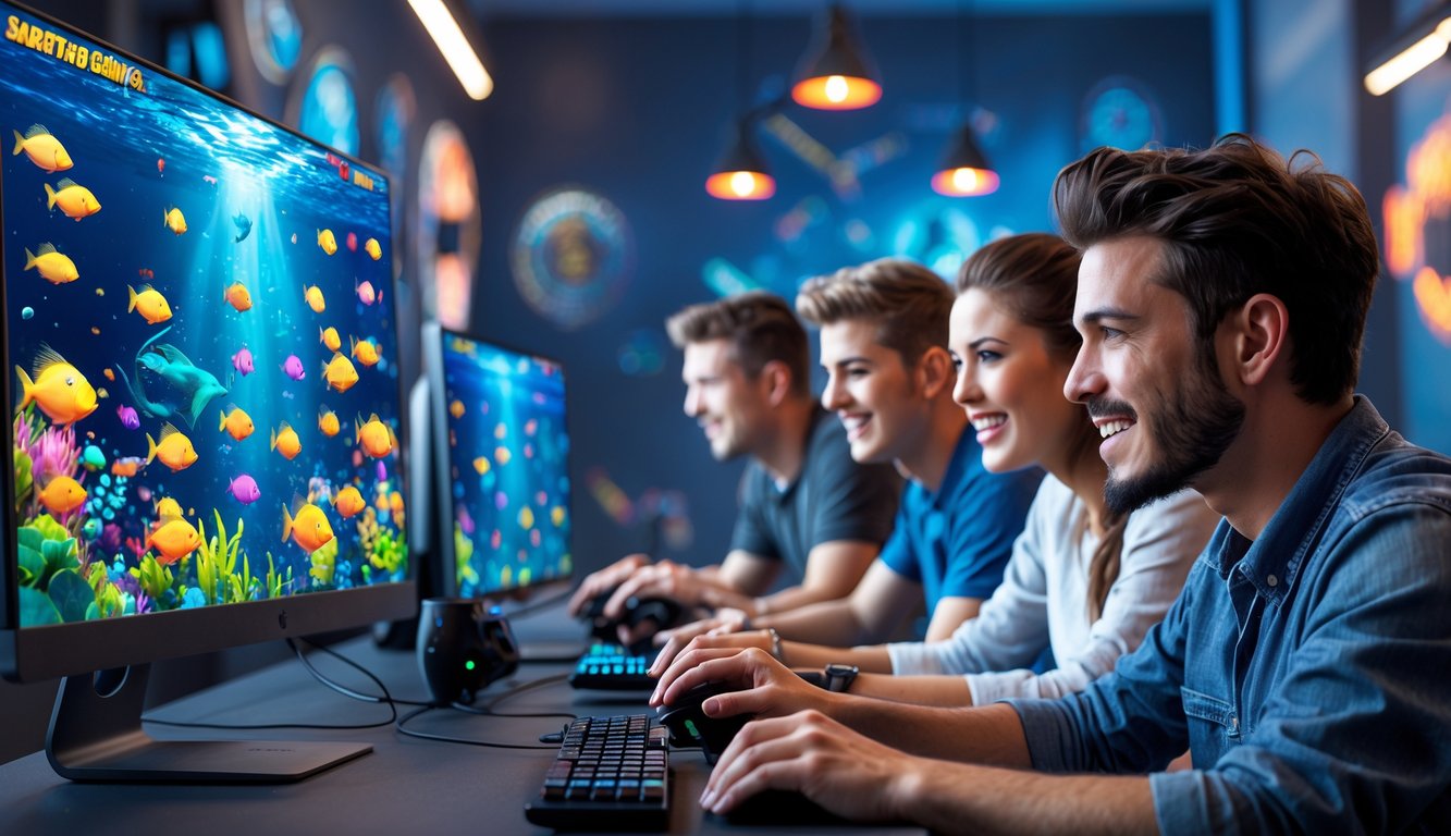 Sekelompok orang muda bermain game tembak ikan online dengan komputer di ruangan yang terang dan modern.