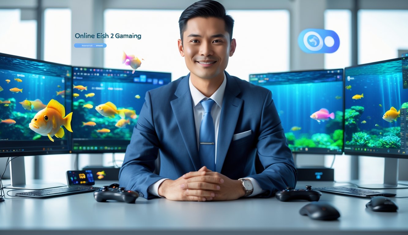 Seorang pria percaya diri duduk di meja dengan beberapa layar komputer yang menampilkan ikan berwarna-warni di bawah laut, di sebuah kantor modern yang terang.