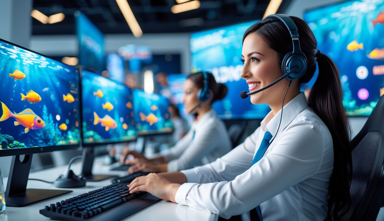 Seorang agen layanan pelanggan sedang membantu pemain dengan latar belakang layar komputer yang menampilkan permainan tembak ikan berwarna-warni.