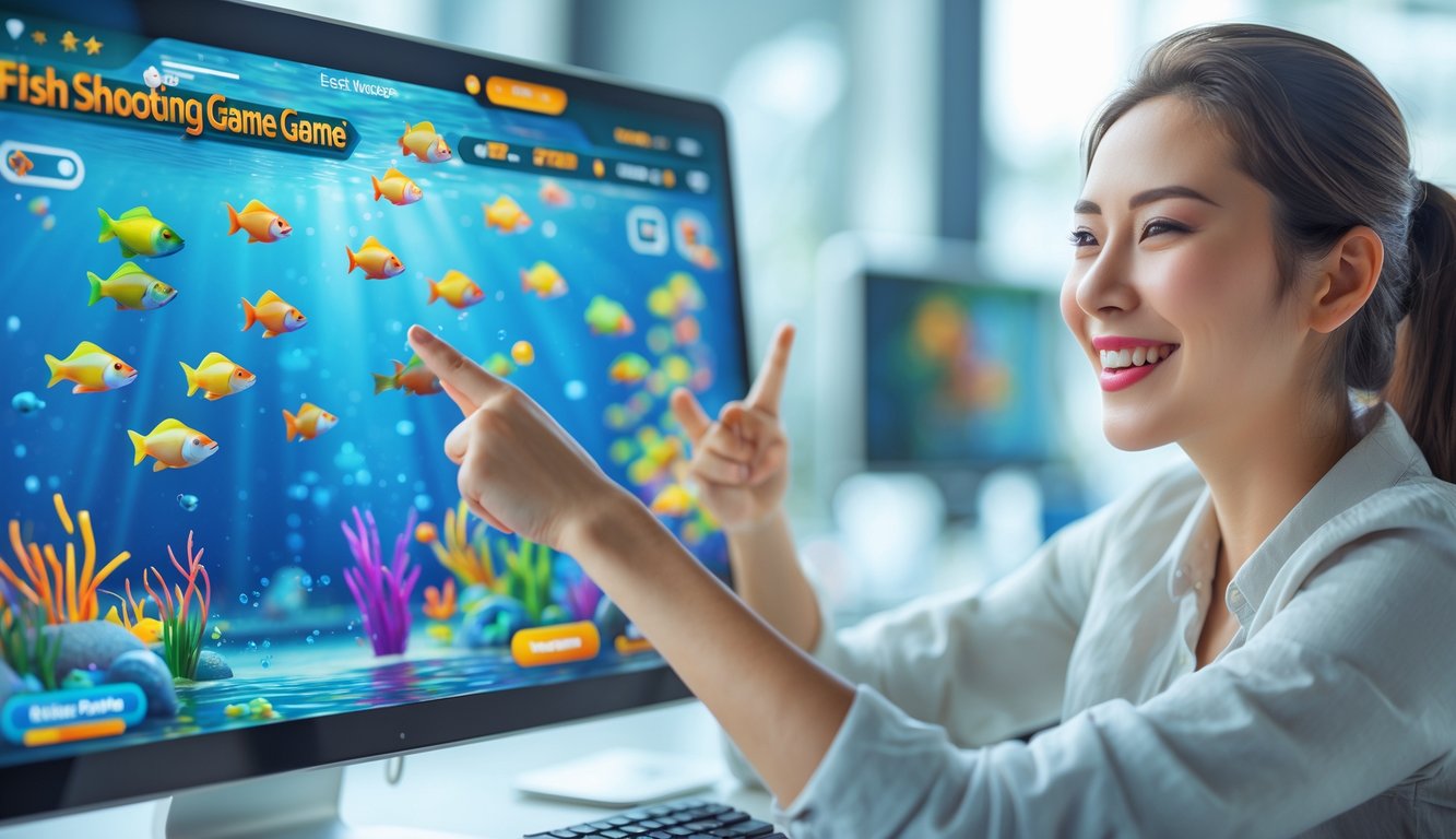 Seorang pemain muda yang tersenyum sedang menggunakan perangkat digital dengan permainan ikan berwarna-warni di layar.