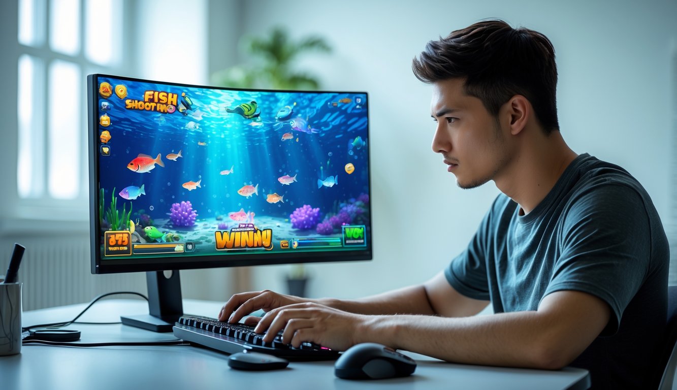 Seorang pria muda duduk di meja dengan komputer yang menampilkan permainan tembak ikan berwarna-warni, tampak fokus dan serius bermain di lingkungan dalam ruangan yang terang.