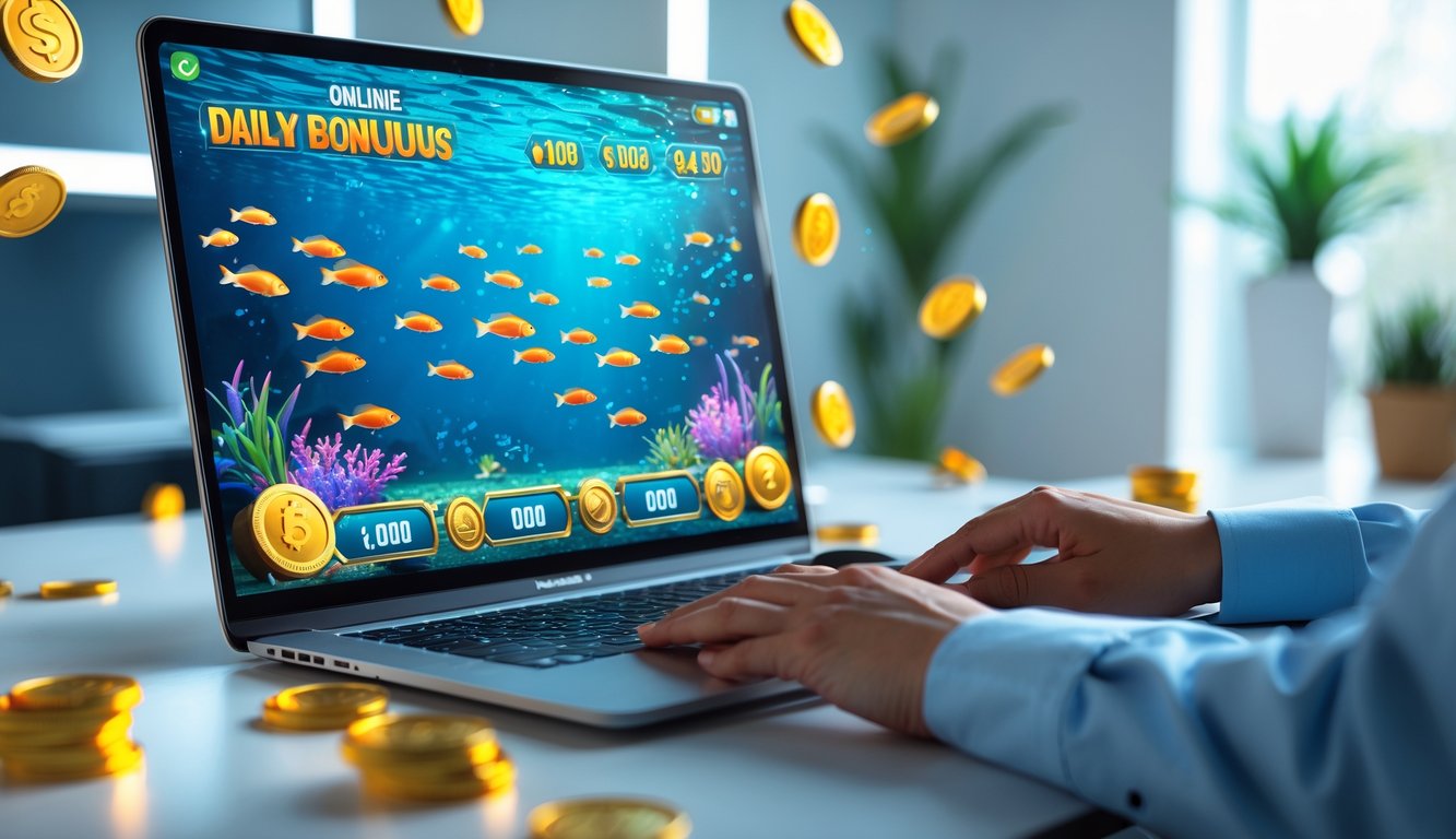 Seseorang menggunakan komputer dengan layar menampilkan permainan menembak ikan online yang penuh warna dan elemen kemenangan.