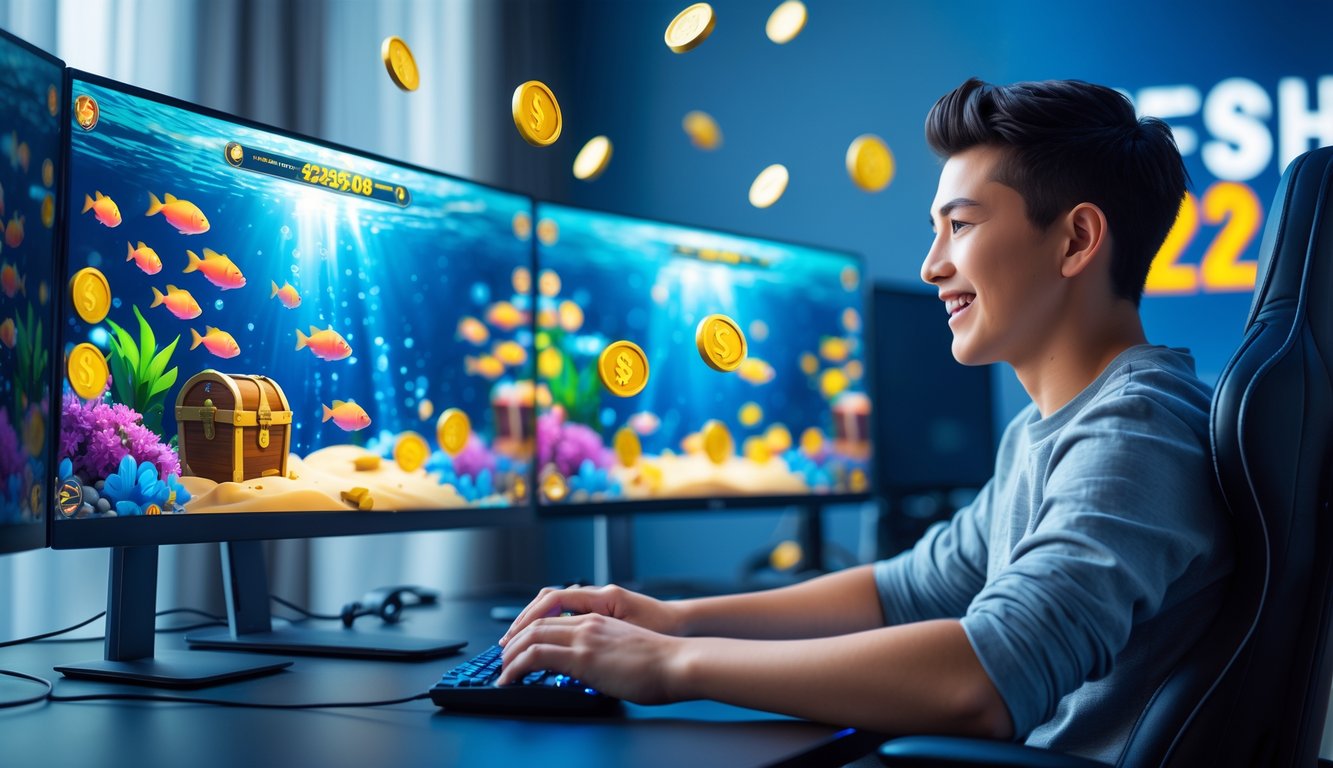 Seorang pemain muda sedang bermain game tembak ikan online dengan layar komputer menampilkan ikan warna-warni dan simbol jackpot.