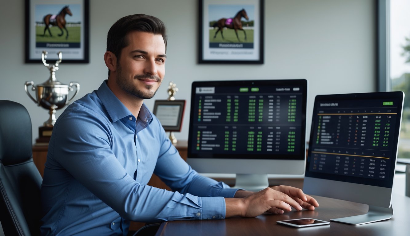 Seorang pria duduk di meja dengan beberapa perangkat digital yang menampilkan data balap kuda, terlihat fokus dan percaya diri di sebuah kantor modern.