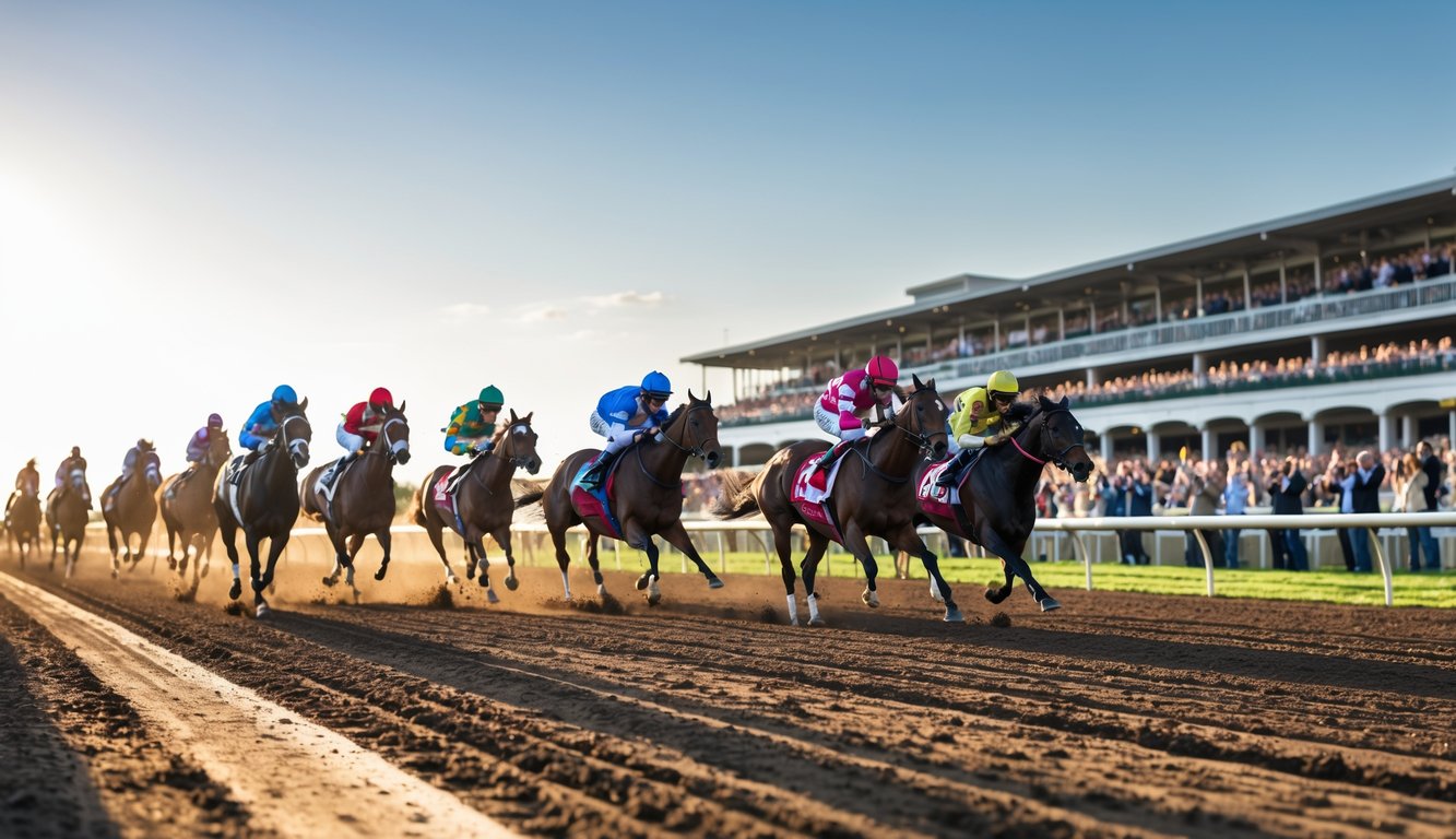 Adegan balap kuda dengan beberapa kuda dan joki sedang berlari cepat di lintasan, di latar belakang penonton yang antusias di tribun.