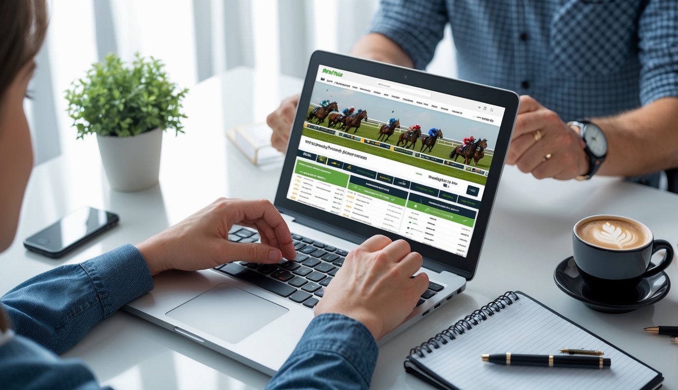 Seseorang menggunakan laptop di meja kerja dengan tampilan situs judi balap kuda online, dikelilingi oleh smartphone, cangkir kopi, dan alat tulis.