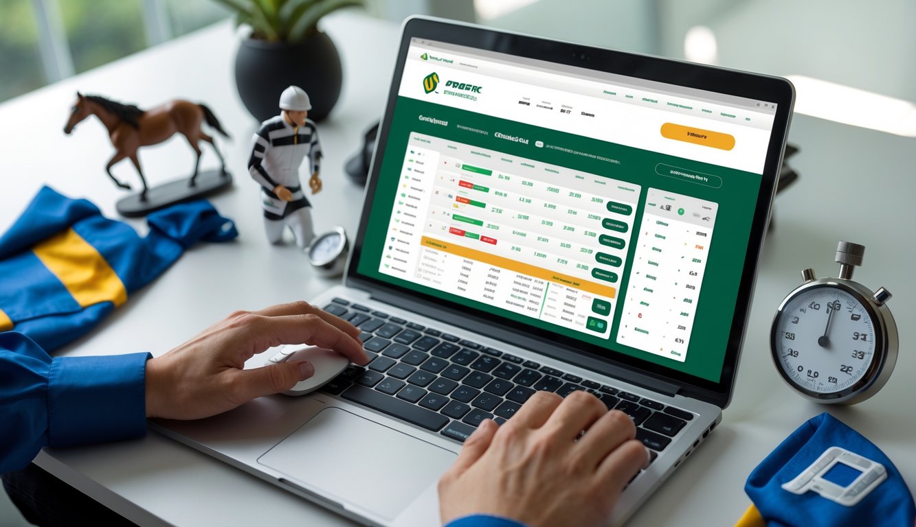 Seseorang menggunakan laptop di meja dengan barang-barang terkait balap kuda di sekitarnya, menunjukkan aktivitas taruhan balap kuda online.