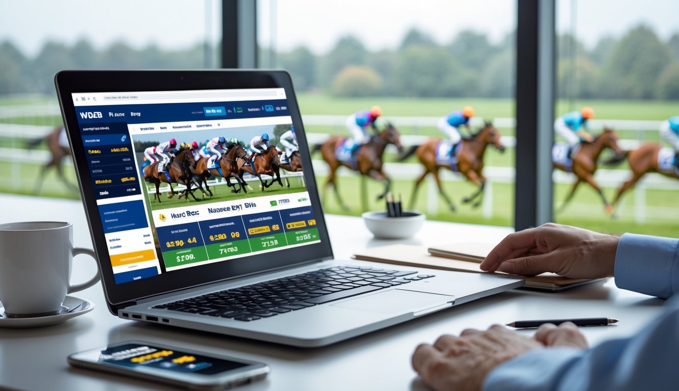 Meja kerja dengan laptop yang menampilkan situs judi balap kuda online, smartphone, cangkir kopi, dan buku catatan, dengan latar belakang trek balap kuda yang samar.