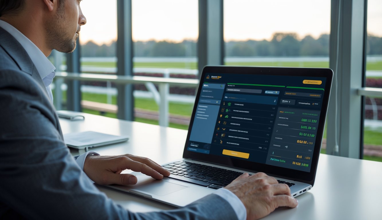 Seorang profesional menggunakan laptop di kantor modern dengan latar belakang arena balap kuda terlihat melalui jendela besar.