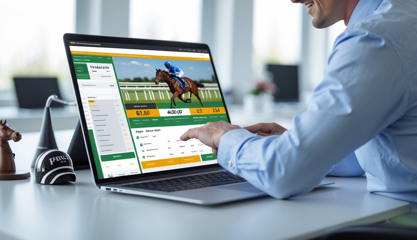 Seseorang menggunakan laptop di meja kantor dengan tampilan balap kuda dan transaksi online di layar.