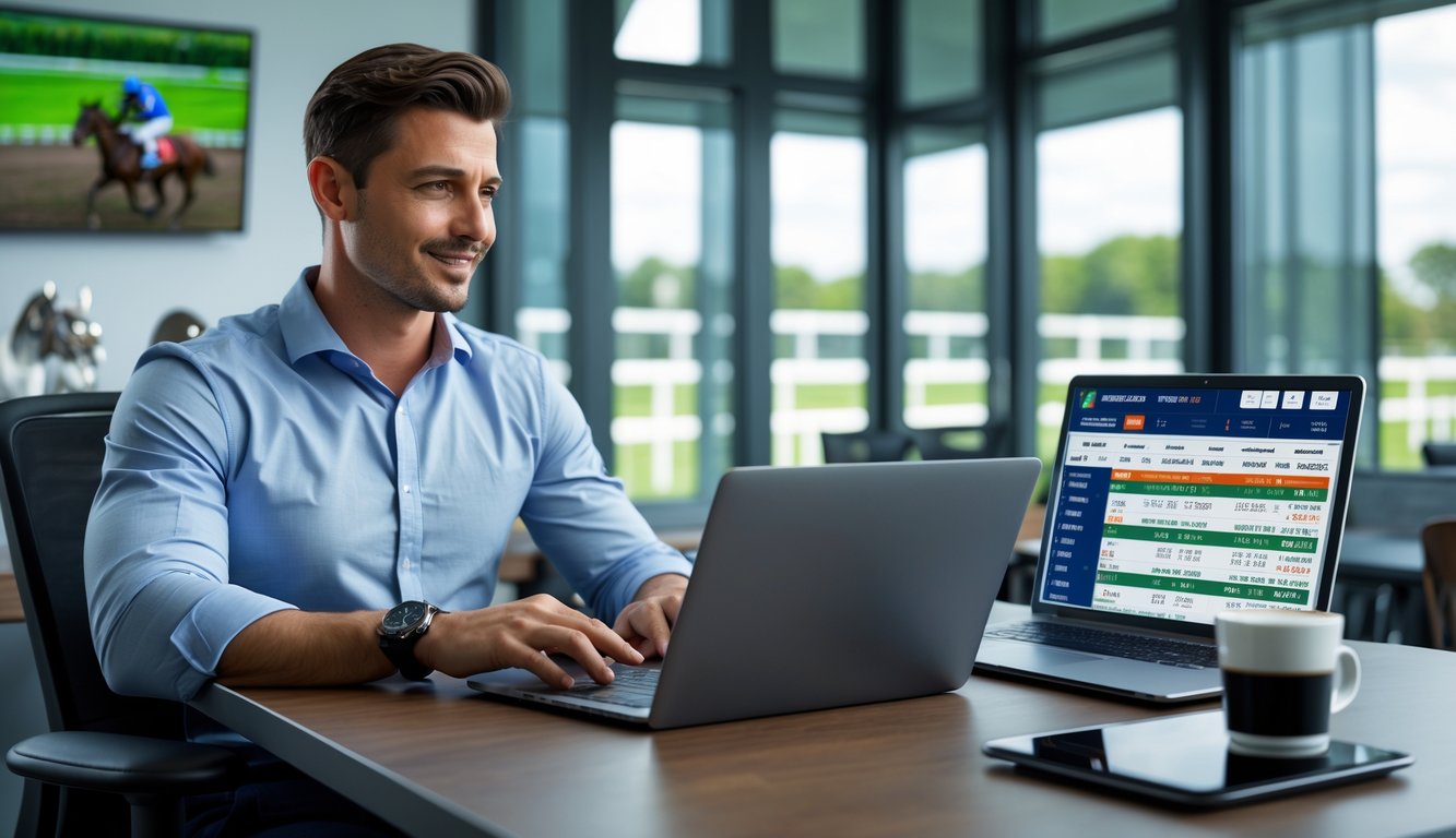 Seorang pria duduk di meja dengan perangkat digital menampilkan data balap kuda, fokus menganalisis informasi dalam ruangan kantor modern.