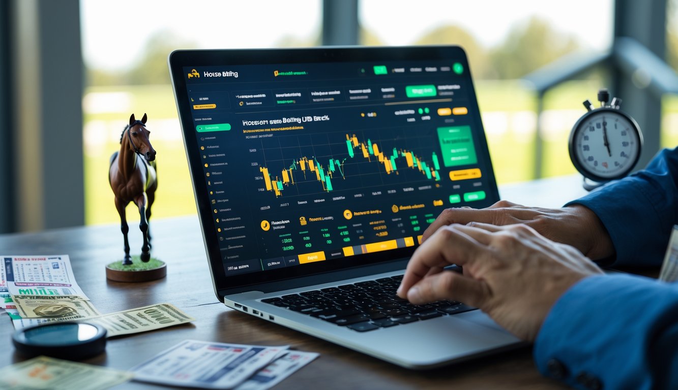 Seseorang menggunakan laptop dengan tampilan situs judi balap kuda online, dikelilingi miniatur kuda dan alat pendukung taruhan.