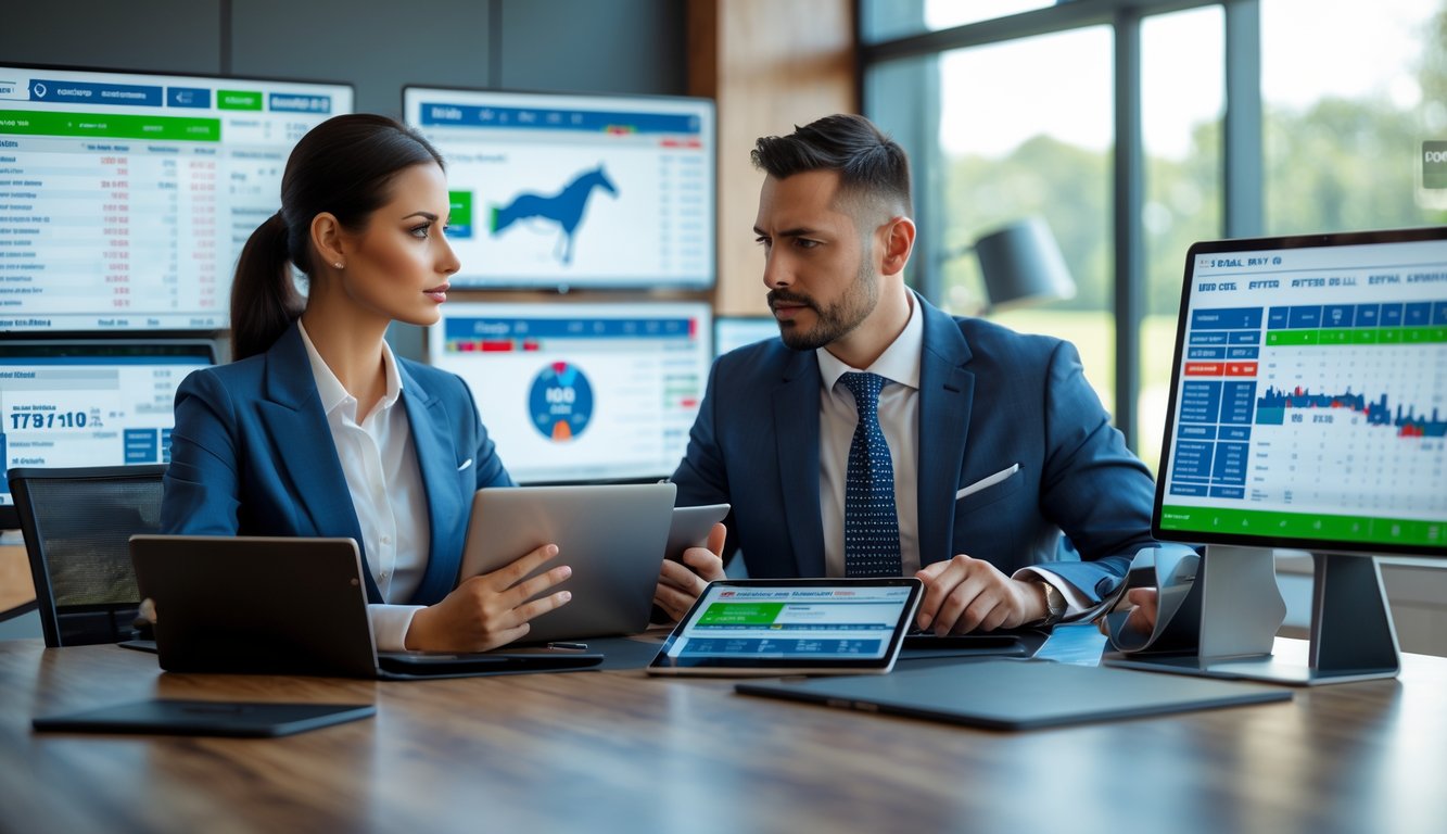 Dua orang profesional di kantor modern sedang menganalisis data balap kuda pada layar digital dan tablet.