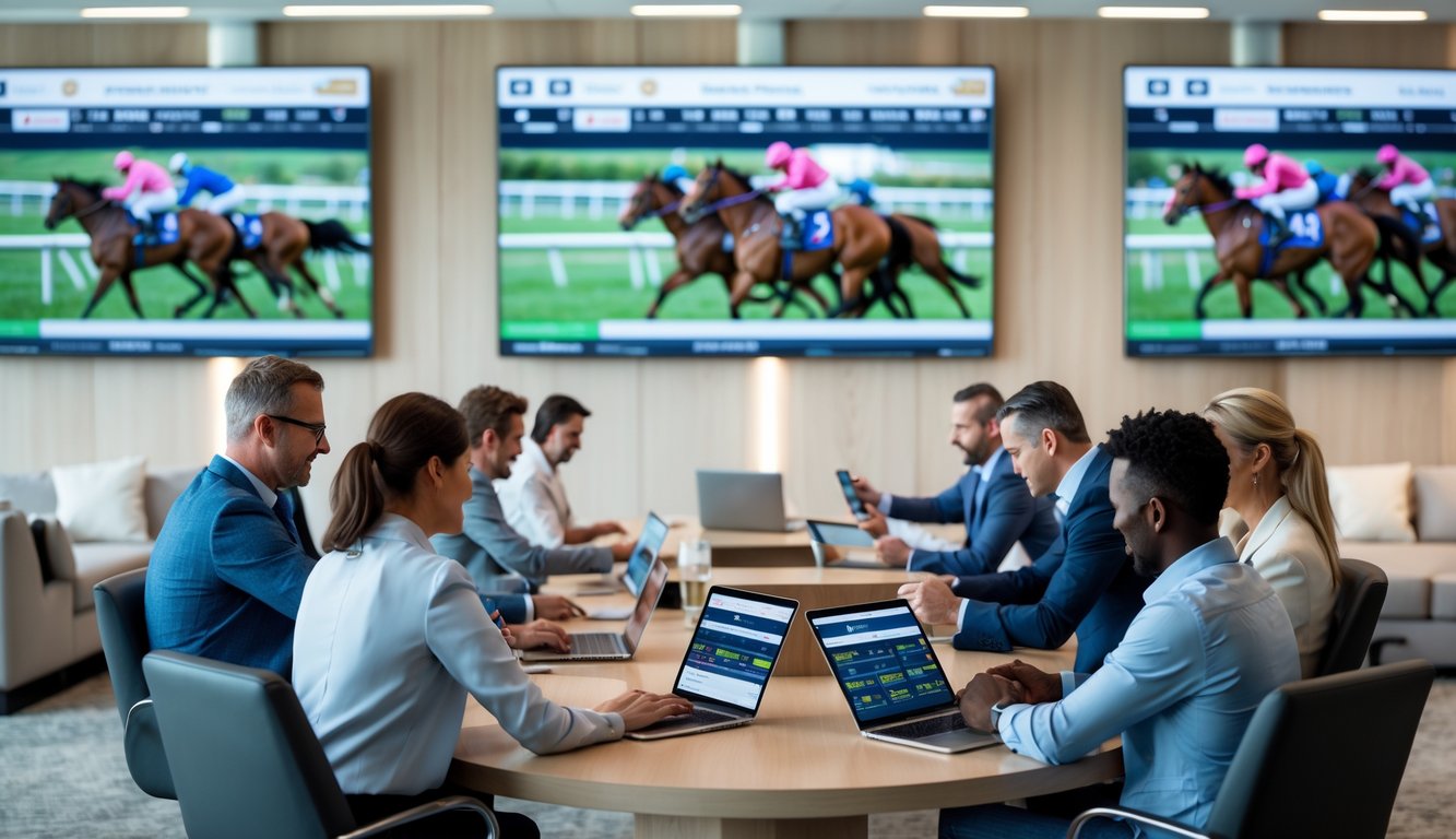 Orang-orang menggunakan perangkat elektronik untuk memasang taruhan balap kuda secara online di ruang modern dengan layar menampilkan balapan kuda.