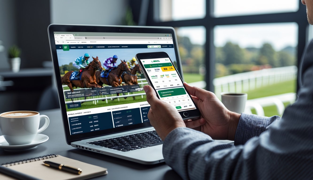 Seorang pria dewasa sedang menggunakan laptop dan ponsel untuk memasang taruhan balap kuda online di sebuah ruang kerja yang rapi dan terang.