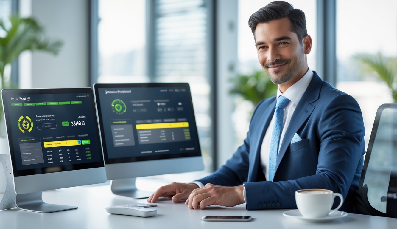 Seorang pria percaya diri duduk di meja modern dengan beberapa perangkat digital yang menampilkan data balap kuda dan konfirmasi pembayaran online.