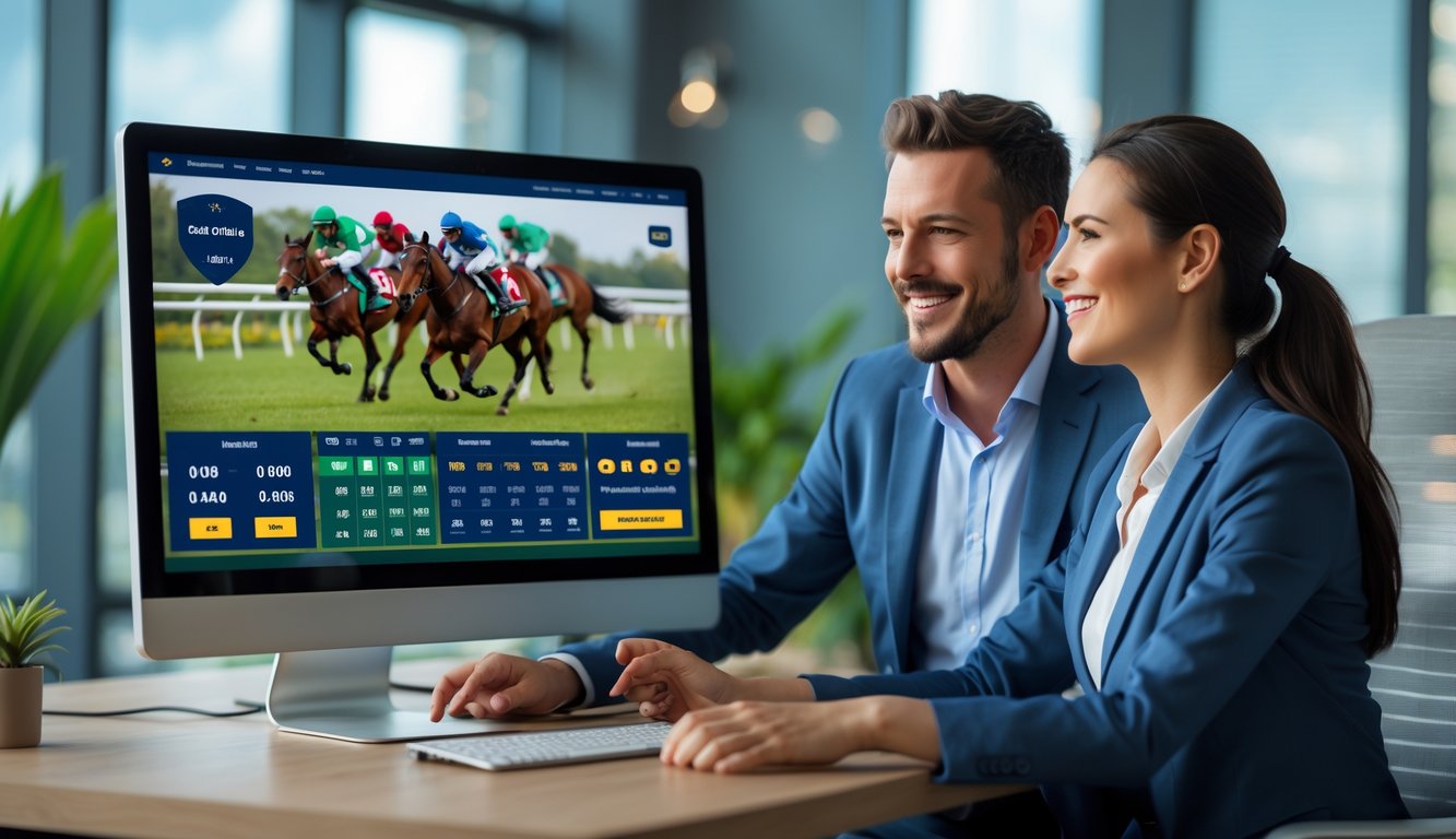 Seorang pria dan wanita sedang menggunakan komputer untuk taruhan balap kuda online di kantor modern.