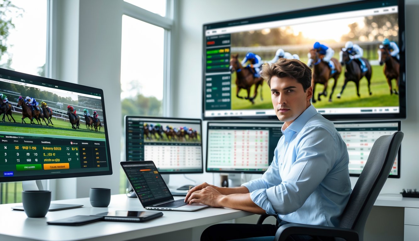 Seorang pria muda duduk di meja modern dengan beberapa layar komputer menampilkan data balap kuda dan taruhan, fokus bekerja di kantor rumah yang terang.