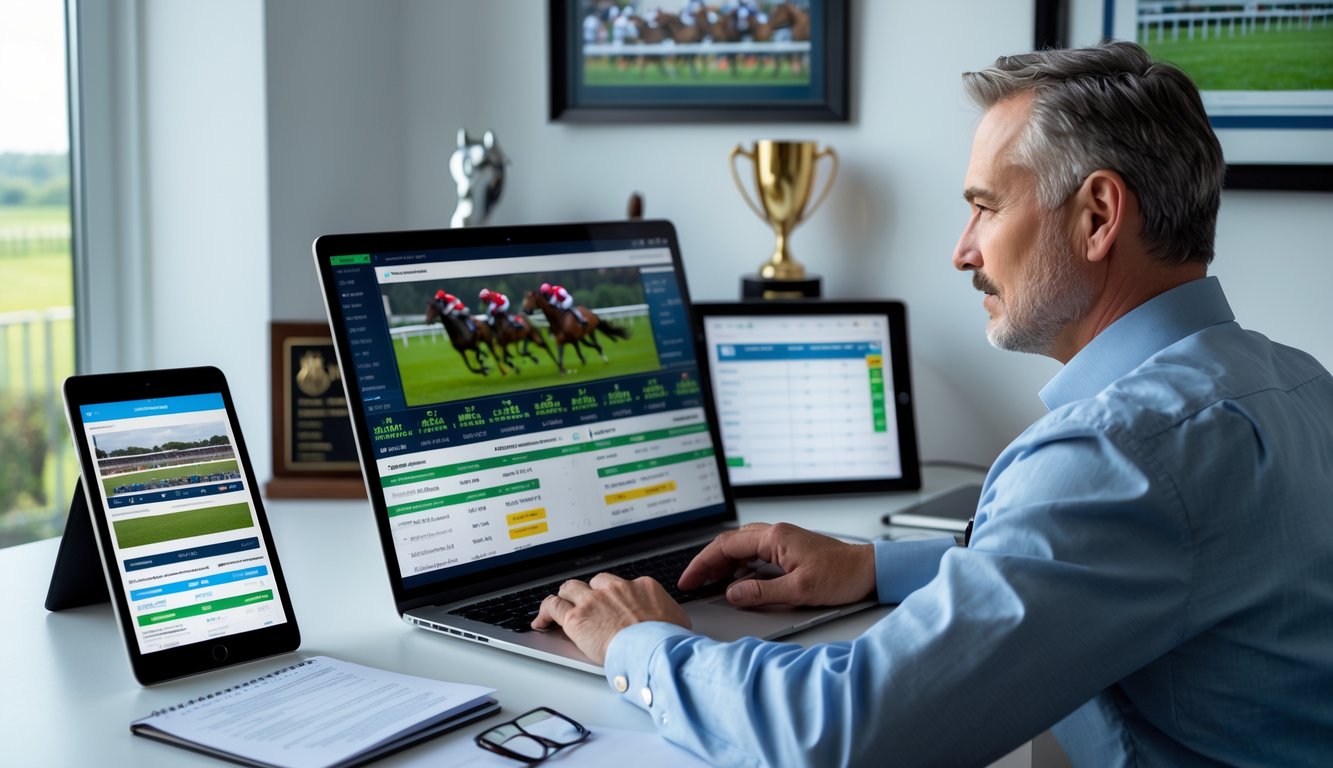 Seorang pria dewasa duduk di meja kerja dengan laptop dan perangkat digital yang menampilkan data balap kuda, fokus mempelajari strategi taruhan online.