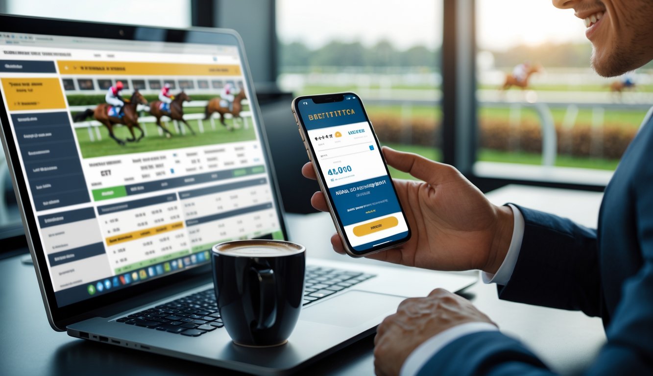 Seorang profesional tersenyum menggunakan laptop dan ponsel di meja kerja dengan latar belakang balap kuda.