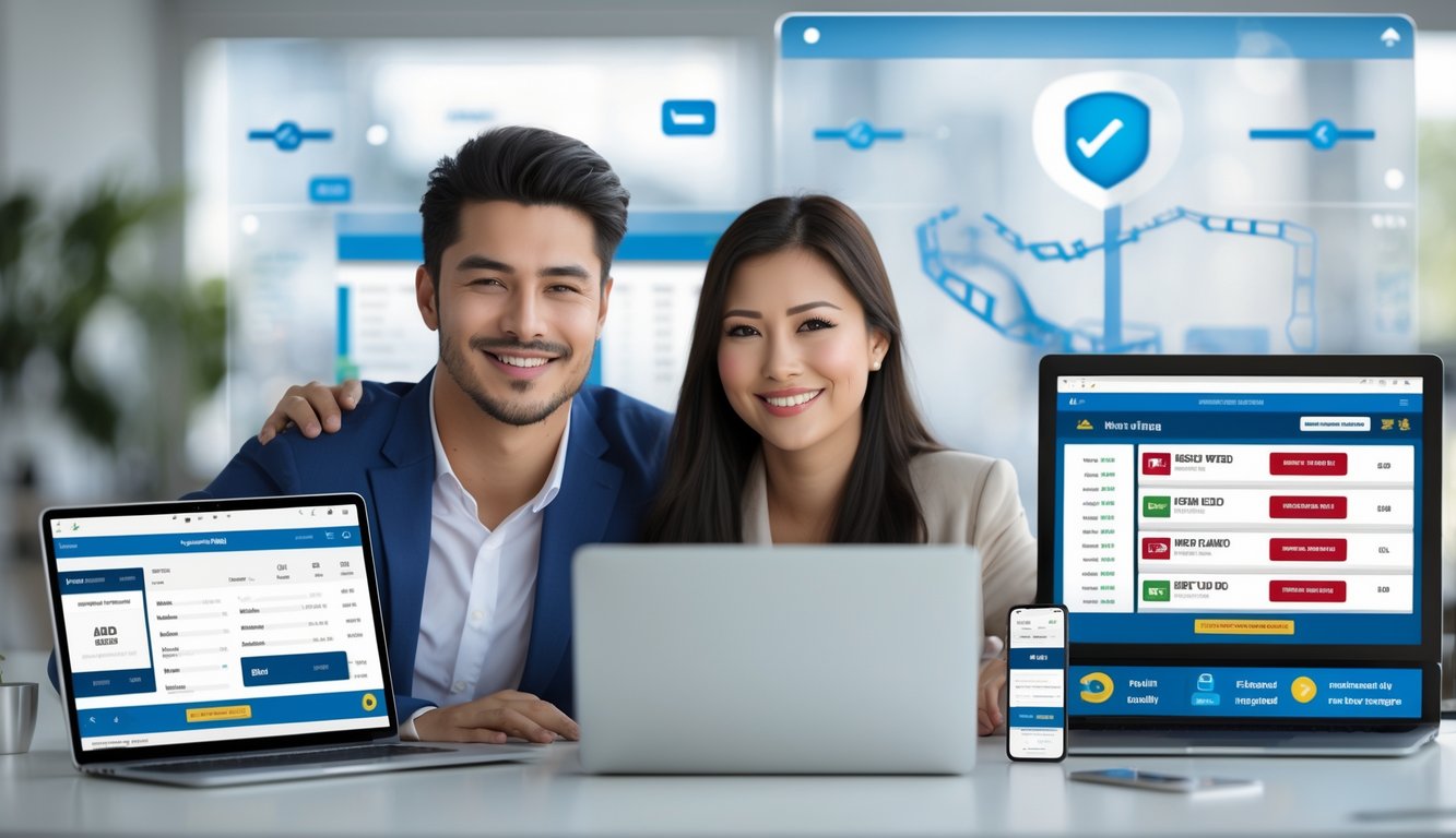 Dua orang muda tersenyum duduk di depan laptop dan ponsel dengan latar belakang grafik lintasan balap kuda dan ikon pembayaran digital.