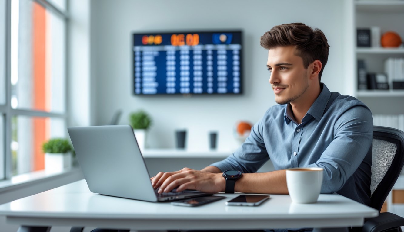 Seorang pria muda duduk di meja kerja modern menggunakan laptop untuk memasang taruhan bola basket online di kantor yang terang dan rapi.