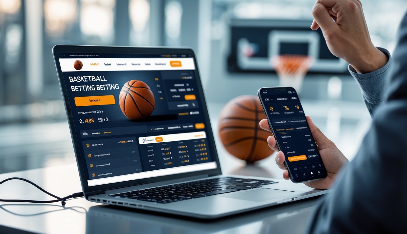 Seseorang menggunakan laptop dan ponsel untuk memasang taruhan bola basket secara online di ruang kerja modern.