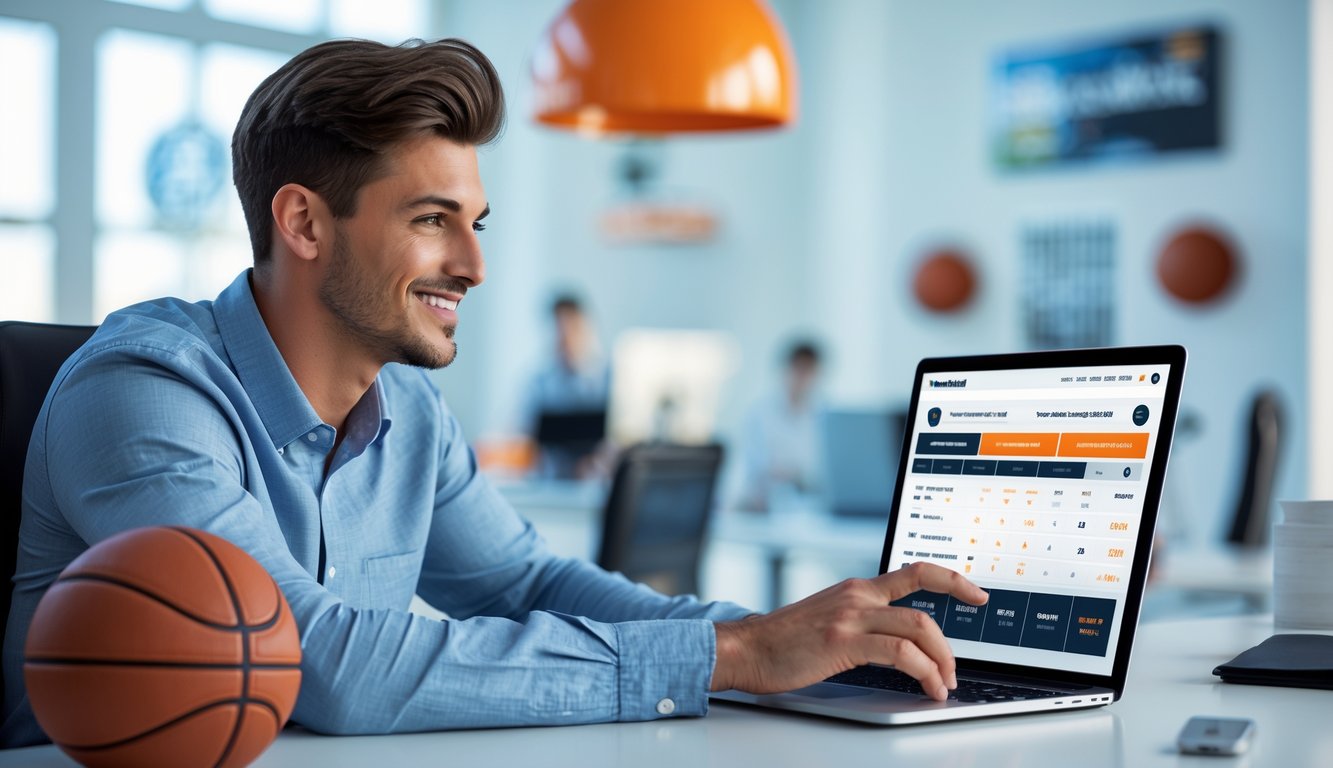 Seorang pria muda duduk di meja kantor modern dengan laptop, tersenyum sambil melihat layar yang menampilkan situs taruhan bola basket, dengan bola basket di meja dan dekorasi olahraga di latar belakang.