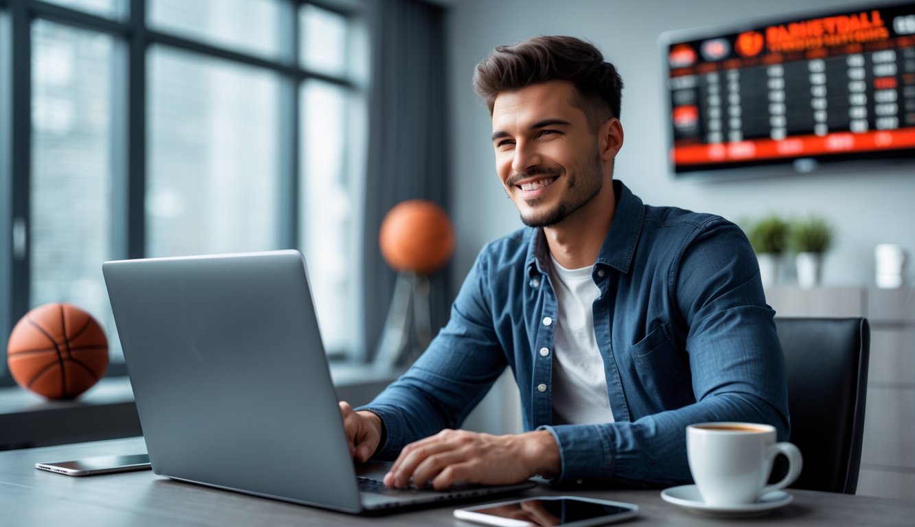 Seorang pria muda duduk di meja dengan laptop, sedang menggunakan layanan taruhan bola basket online dengan latar belakang dekorasi bertema basket.
