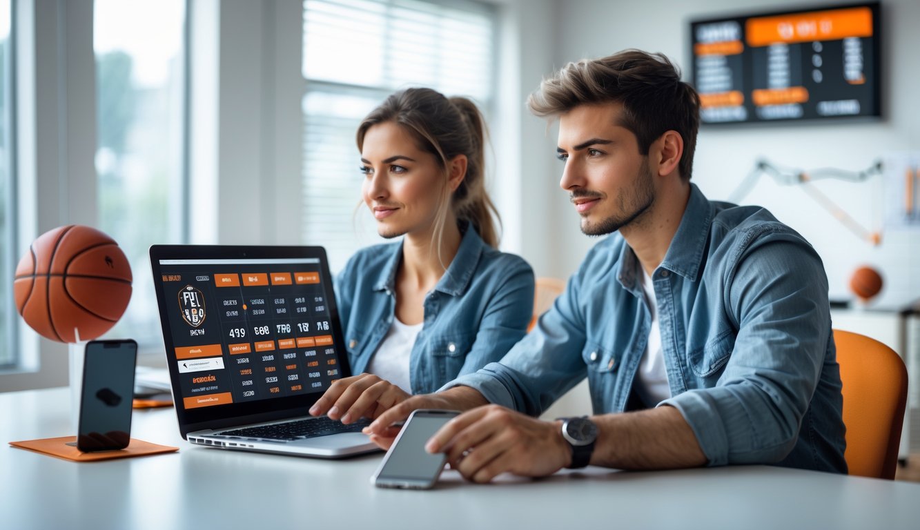 Seorang pria dan wanita duduk di meja dengan laptop, melihat statistik dan peluang taruhan bola basket secara online.