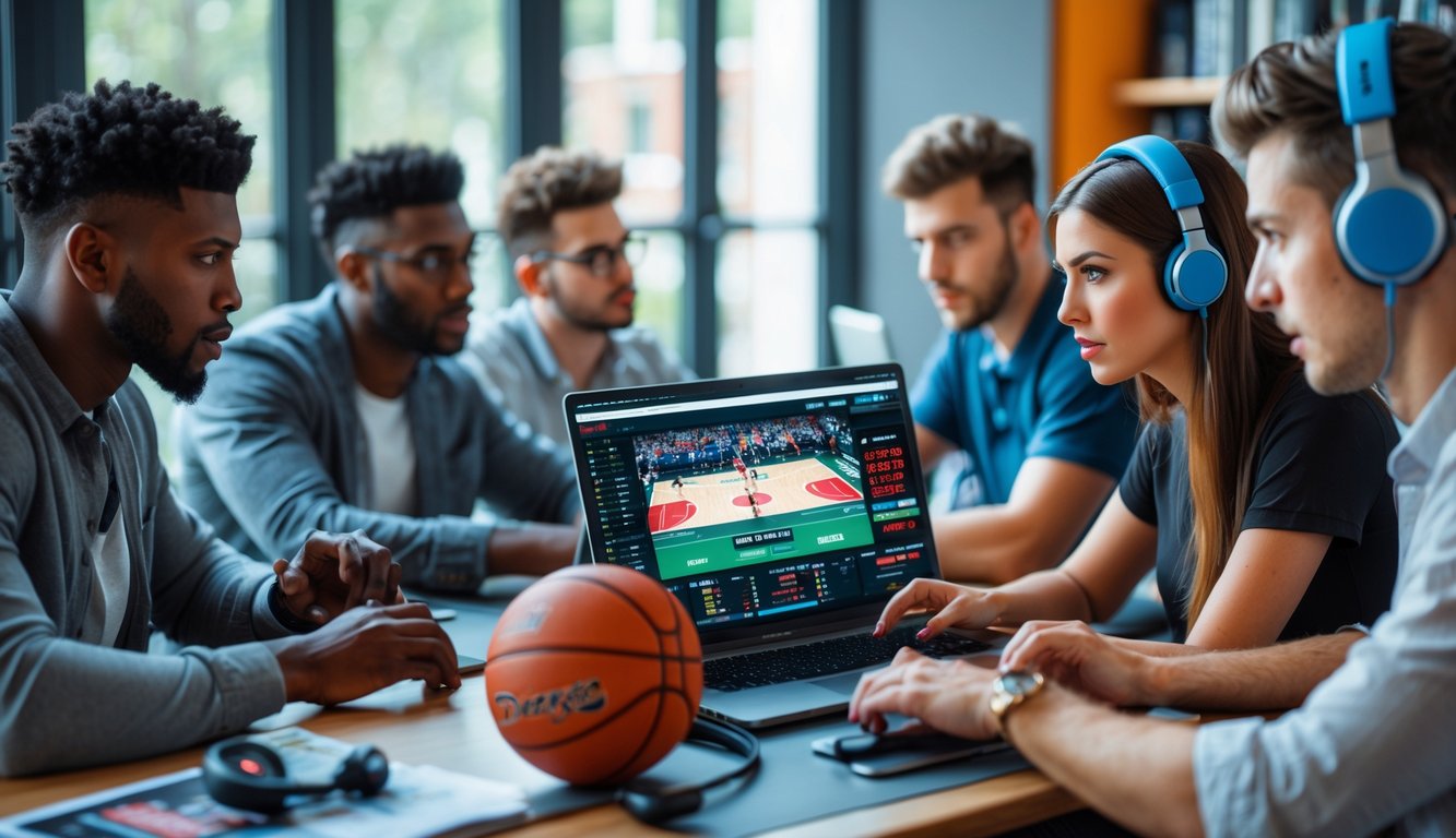 Orang-orang sedang bermain judi basket online dengan laptop dan peralatan olahraga di meja.